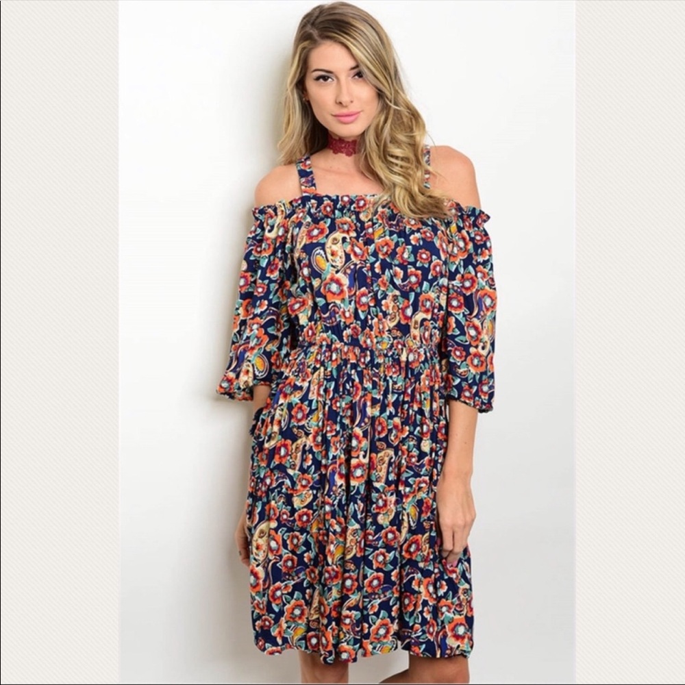 Navy Floral Off Shoulder Dress